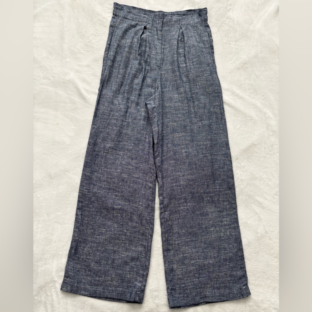 MAX STUDIO Wide Leg Pleated Blue Linen Blend Trousers--NWT--S